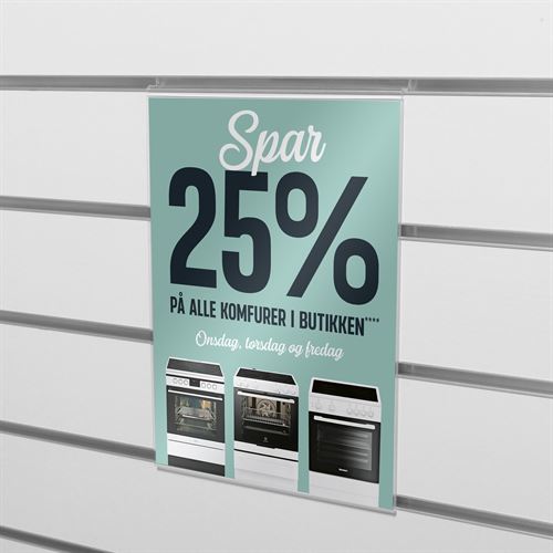 Skiltholder i 2mm transparent klar akryl, for montering i Slatwall / Rillepanel.