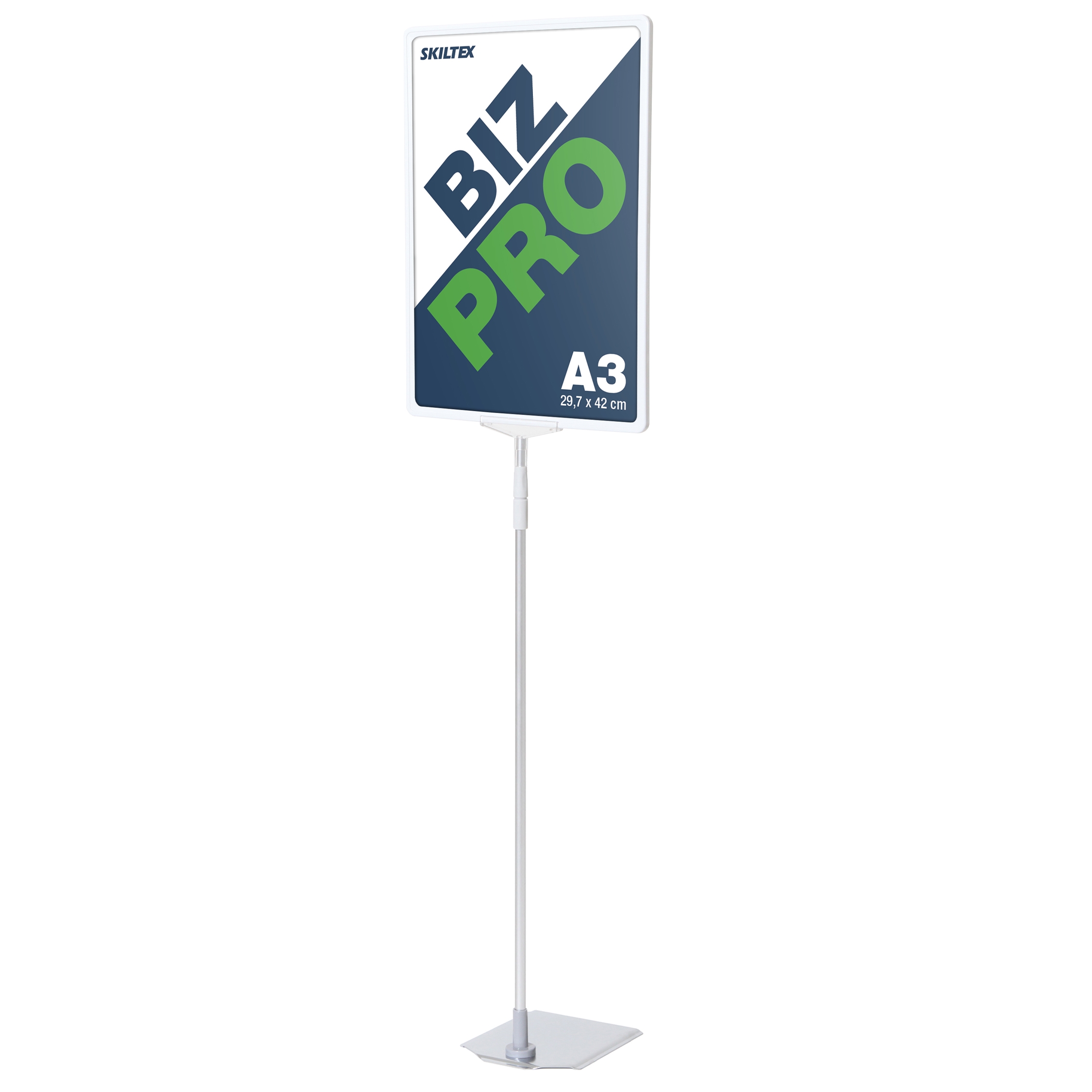 Biz Pro XL hvit skiltholder med krom metallfot - A3