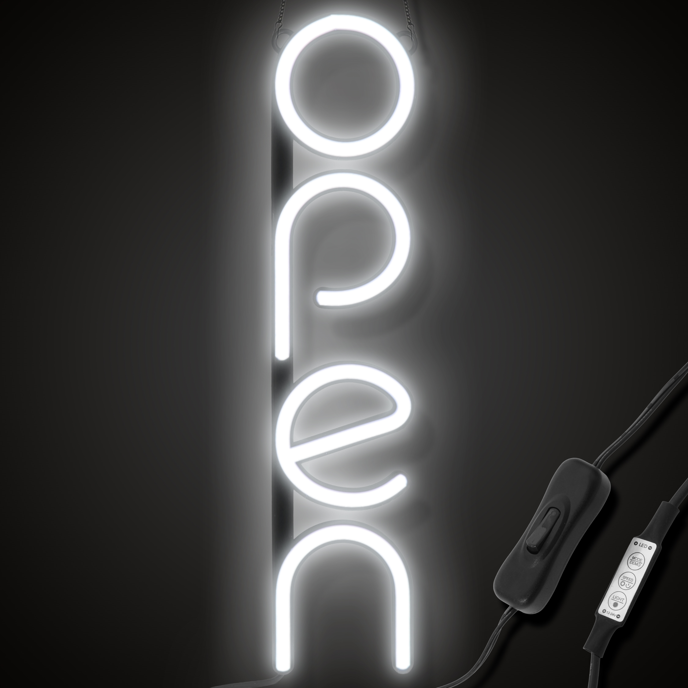 "OPEN" LED neonskilt - Hvit - Vertikal
