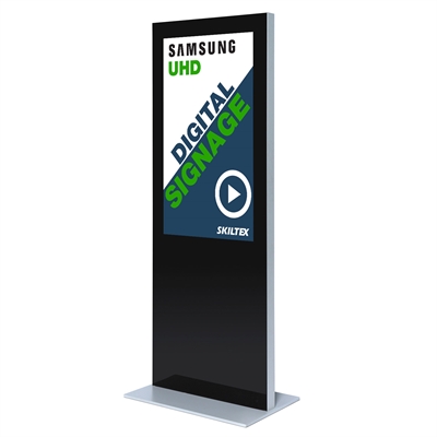 Digitale slim totem skilt i attraktiv metall- og herdet, svart glassdesign og med profesjonell Samsung skjerm