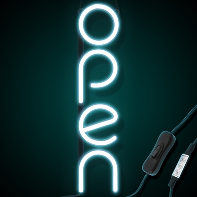 "OPEN" LED neonskilt - Isblå - Vertikal