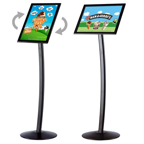 Displaystativ i buet design som både kan brukes i høy- og bredformat 