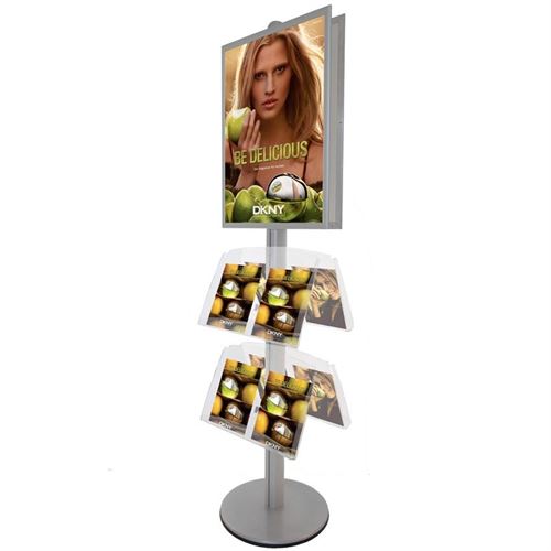 Dobbelsidig plakat display av aluminium med akrylhyller og en ekstra tung fot for stabilitet.