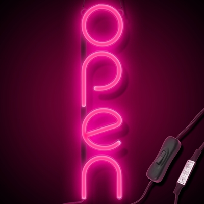 "OPEN" LED neonskilt - Rosa - Vertikal